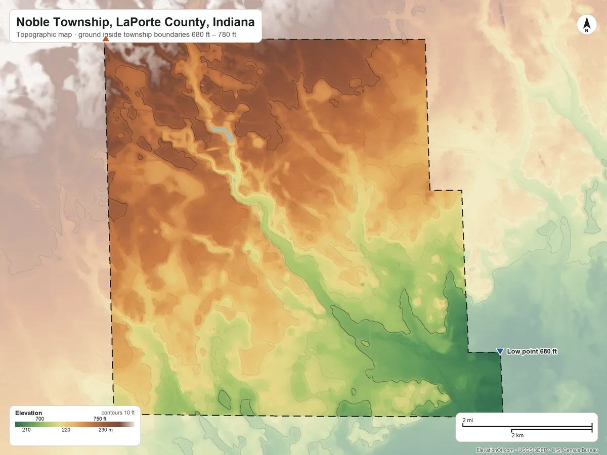 Topographic elevation map of Noble Township, LaPorte County, Indiana, shaded from 680 ft on the southeast side to 780 ft on the northwest side