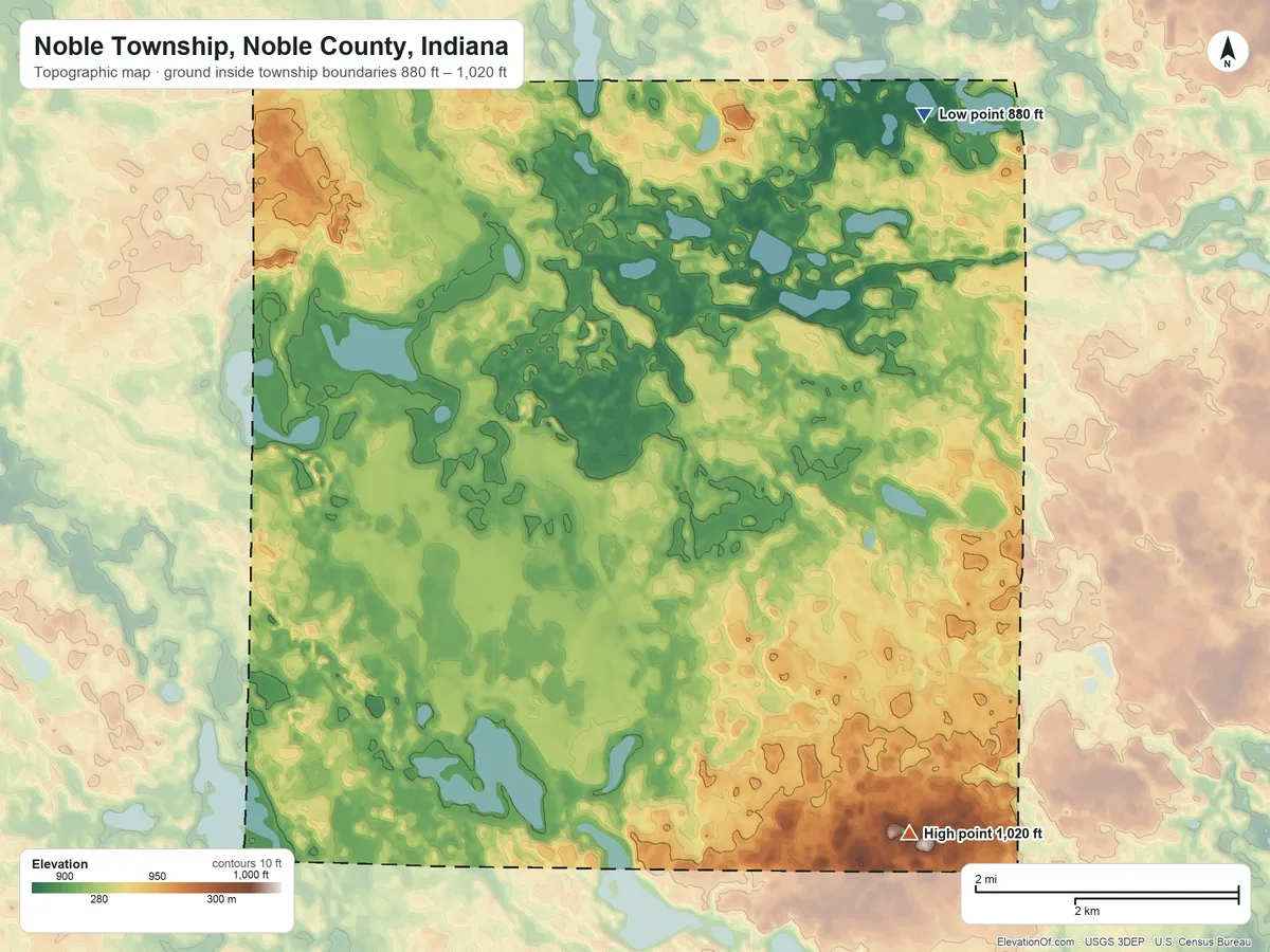 Topographic elevation map of Noble Township, Noble County, Indiana, shaded from 880 ft on the northeast side to 1,020 ft on the southeast side
