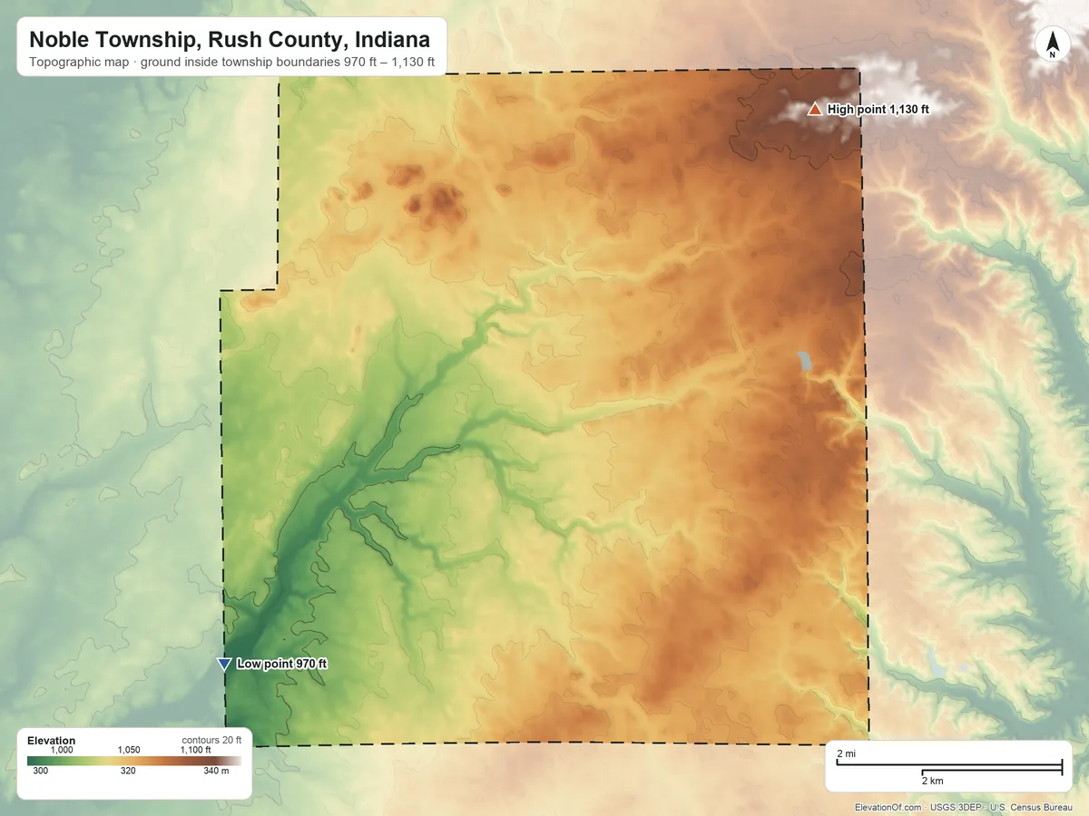Topographic elevation map of Noble Township, Rush County, Indiana, shaded from 970 ft on the southwest side to 1,130 ft on the northeast side