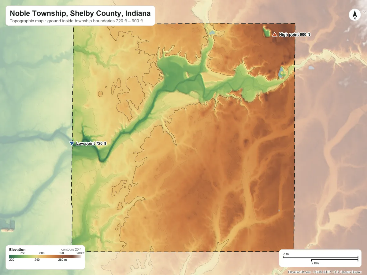 Topographic elevation map of Noble Township, Shelby County, Indiana, shaded from 720 ft on the west side to 900 ft on the northeast side