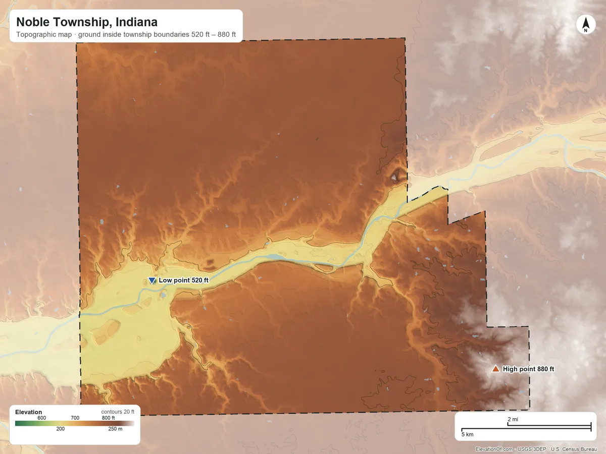 Topographic elevation map of Noble Township, Indiana, shaded from 520 ft on the west side to 880 ft on the southeast side