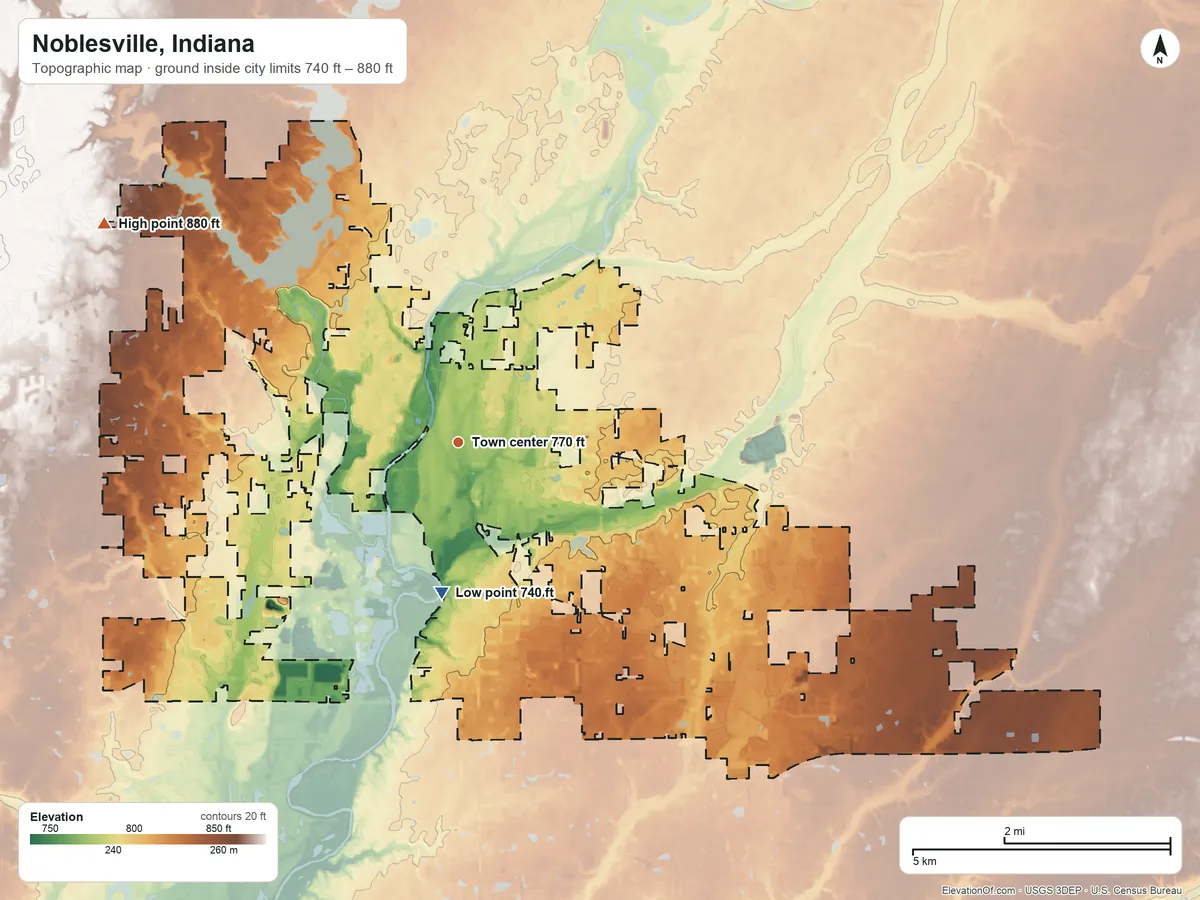Topographic elevation map of Noblesville, Indiana, shaded from 740 ft on the south side to 880 ft on the northwest side
