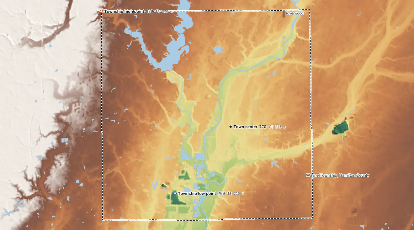 Topographic elevation map of Noblesville Township, Indiana, shaded from 700 ft on the southwest side to 880 ft on the northwest side