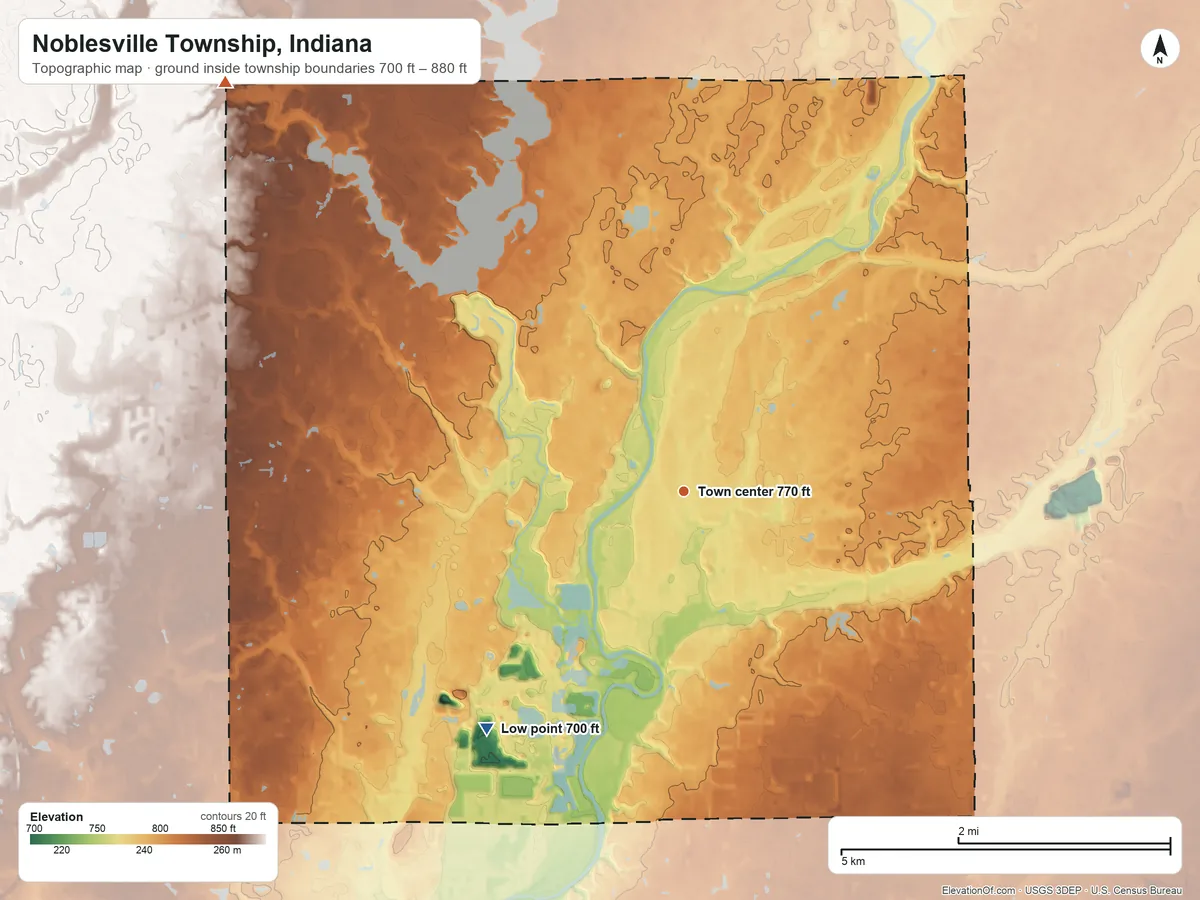 Topographic elevation map of Noblesville Township, Indiana, shaded from 700 ft on the southwest side to 880 ft on the northwest side