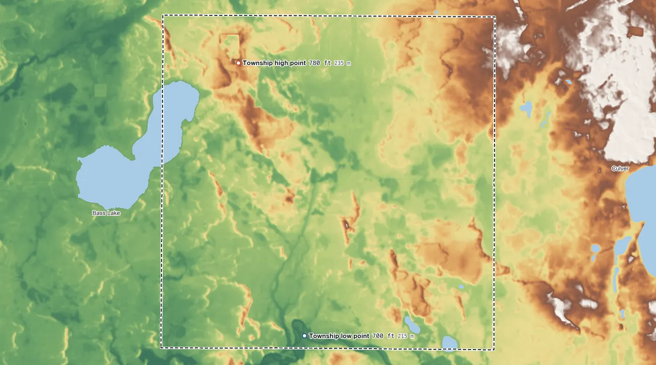 Topographic elevation map of North Bend Township, Indiana, shaded from 700 ft on the south side to 780 ft on the north side