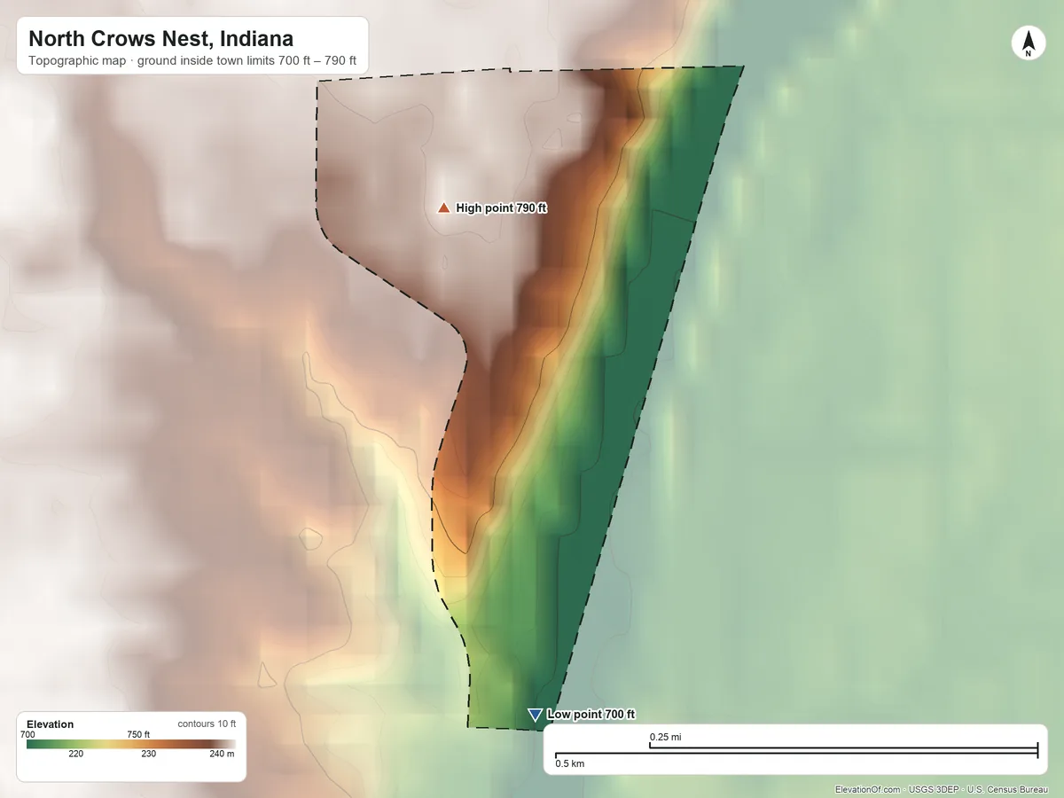 Topographic elevation map of North Crows Nest, Indiana, shaded from 700 ft on the south side to 790 ft on the northwest side