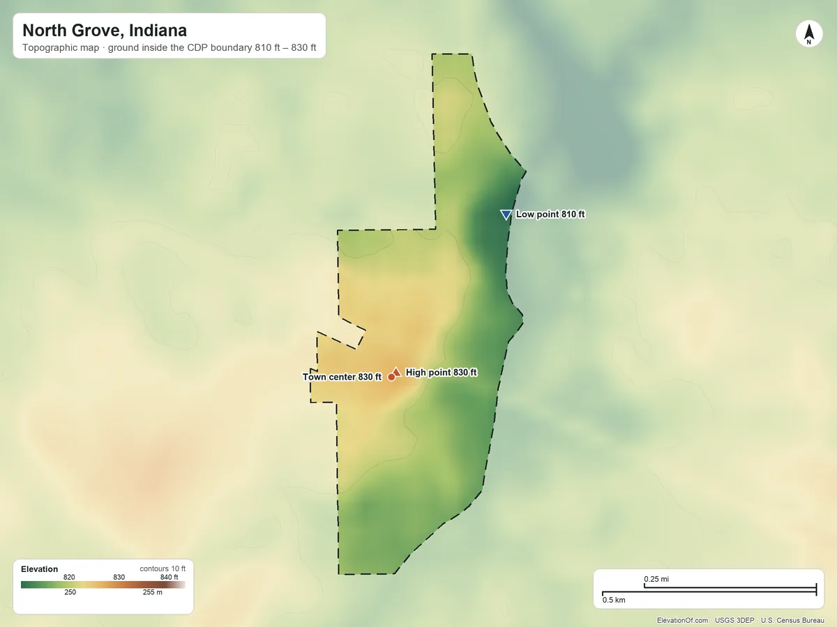 Topographic elevation map of North Grove, Indiana, shaded from 810 ft on the northeast side to 830 ft near the middle