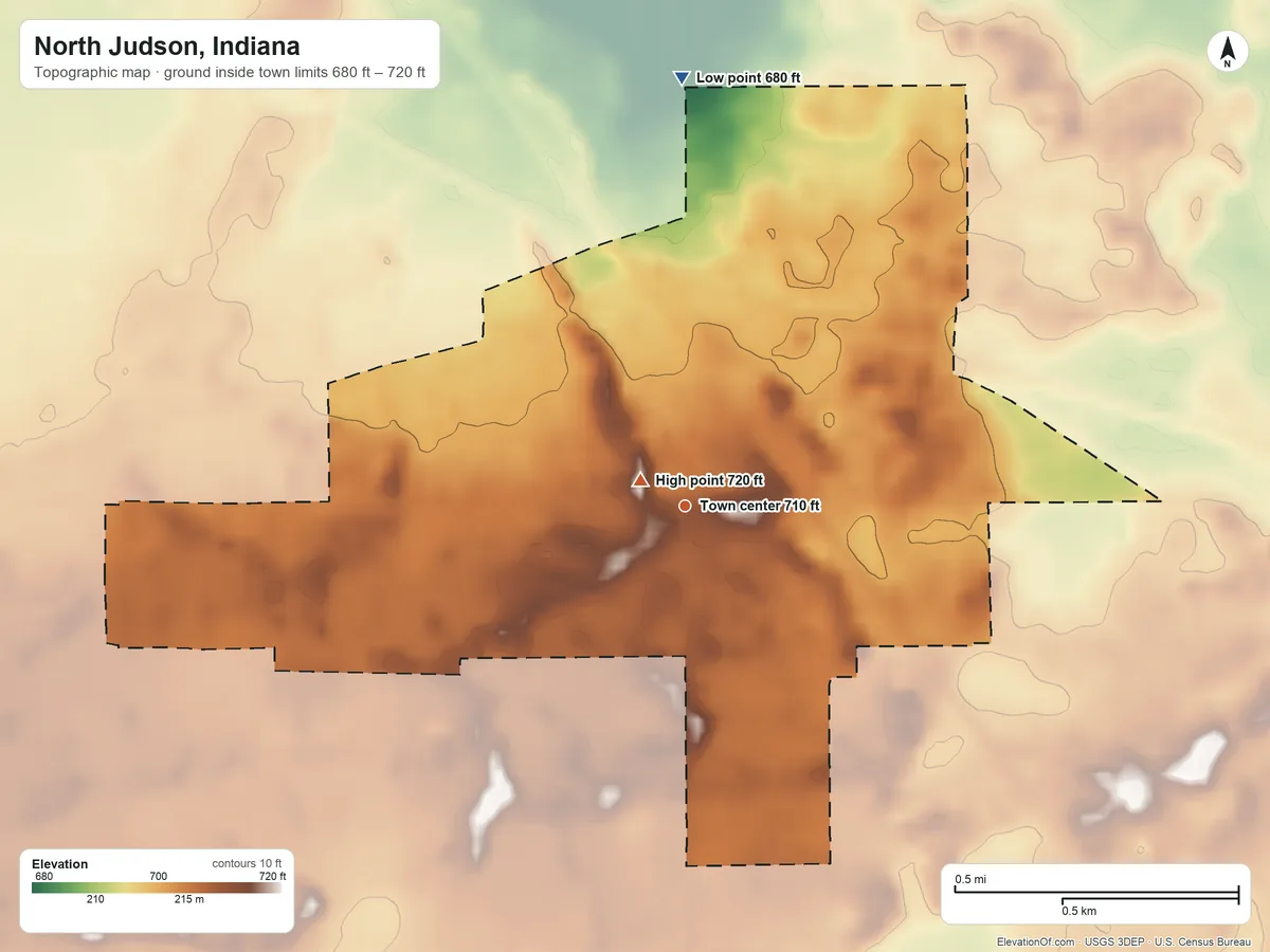 Topographic elevation map of North Judson, Indiana, shaded from 680 ft on the north side to 720 ft near the middle