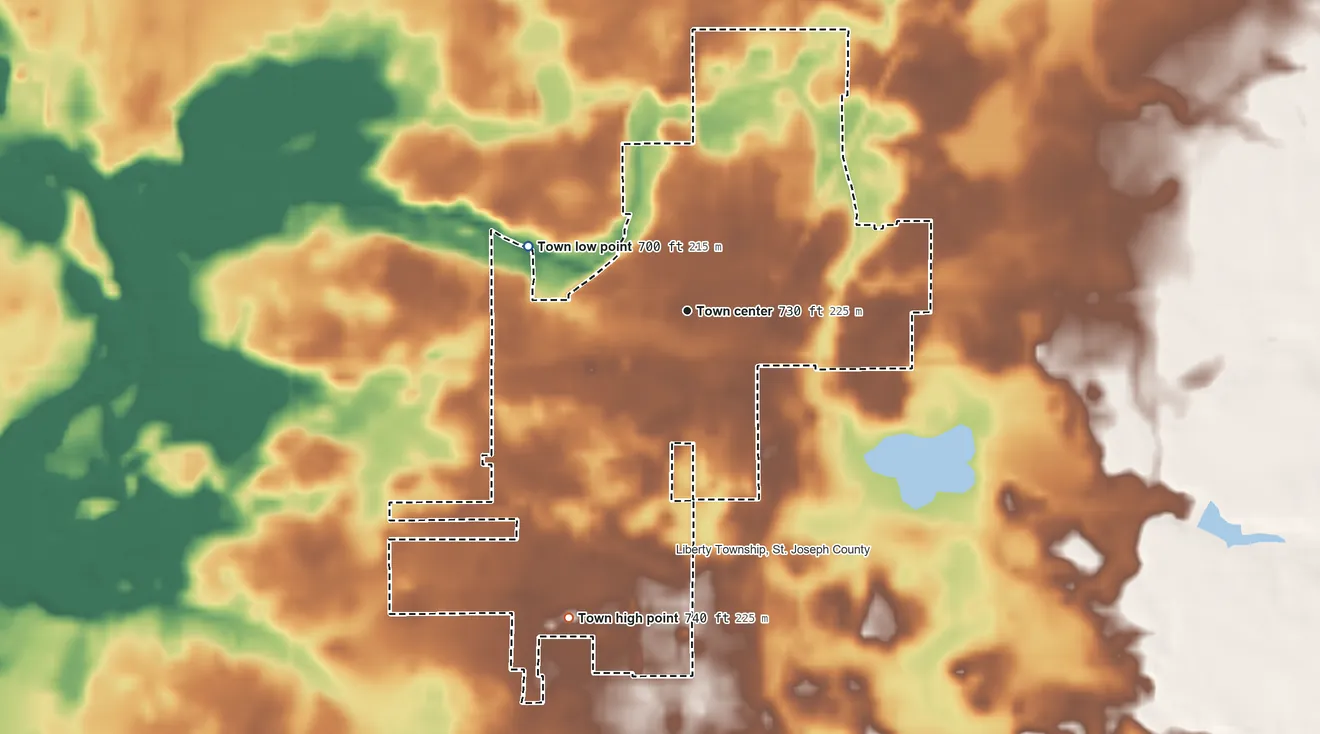 Topographic elevation map of North Liberty, Indiana, shaded from 700 ft on the west side to 740 ft on the south side