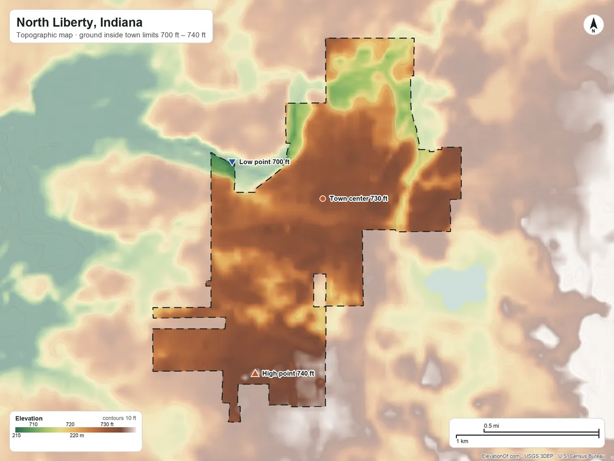 Topographic elevation map of North Liberty, Indiana, shaded from 700 ft on the west side to 740 ft on the south side