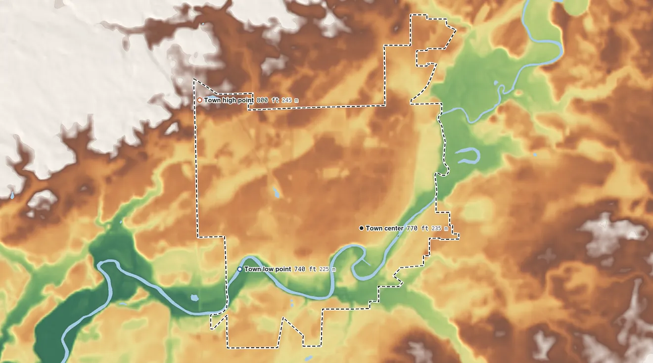 Topographic elevation map of North Manchester, Indiana, shaded from 740 ft on the west side to 800 ft on the northwest side