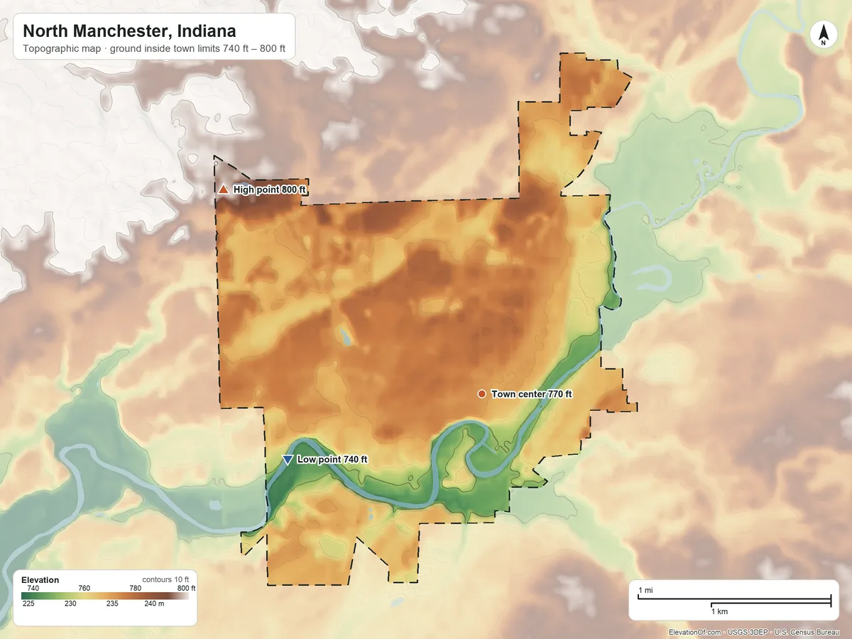 Topographic elevation map of North Manchester, Indiana, shaded from 740 ft on the west side to 800 ft on the northwest side
