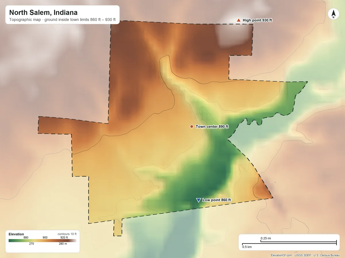 Topographic elevation map of North Salem, Indiana, shaded from 860 ft on the south side to 930 ft on the northeast side
