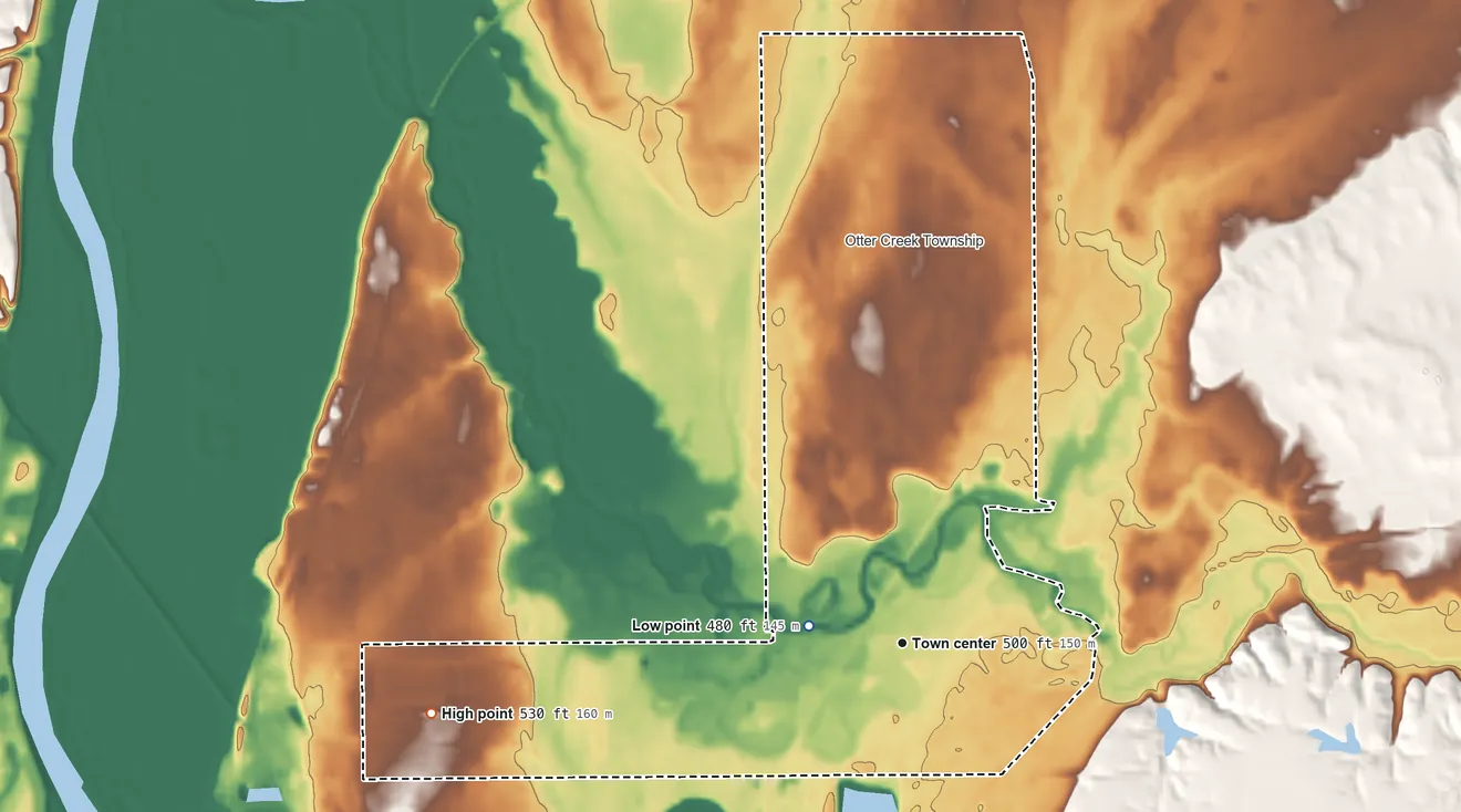Topographic elevation map of North Terre Haute, Indiana, shaded from 480 ft near the middle to 530 ft on the west side