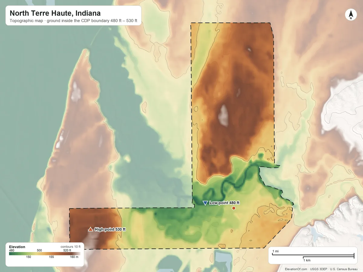 Topographic elevation map of North Terre Haute, Indiana, shaded from 480 ft near the middle to 530 ft on the west side