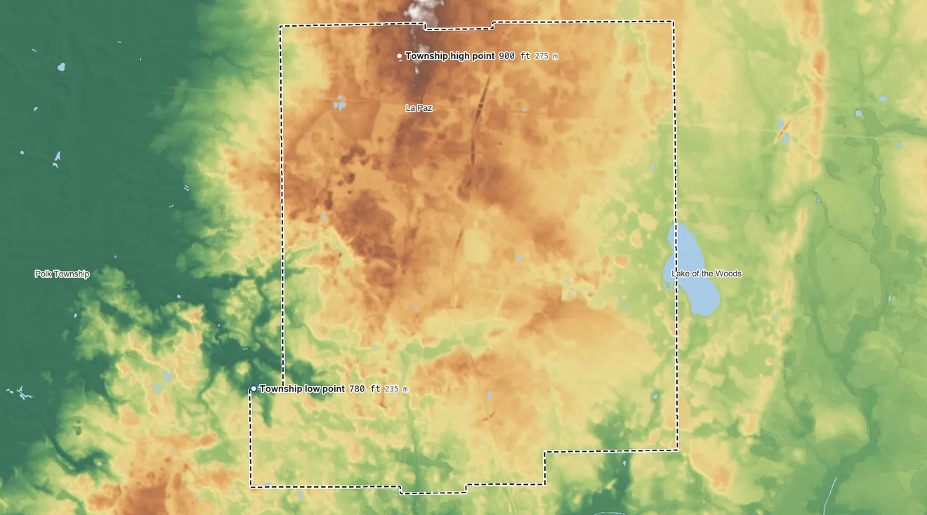 Topographic elevation map of North Township, Marshall County, Indiana, shaded from 780 ft on the southwest side to 900 ft on the north side