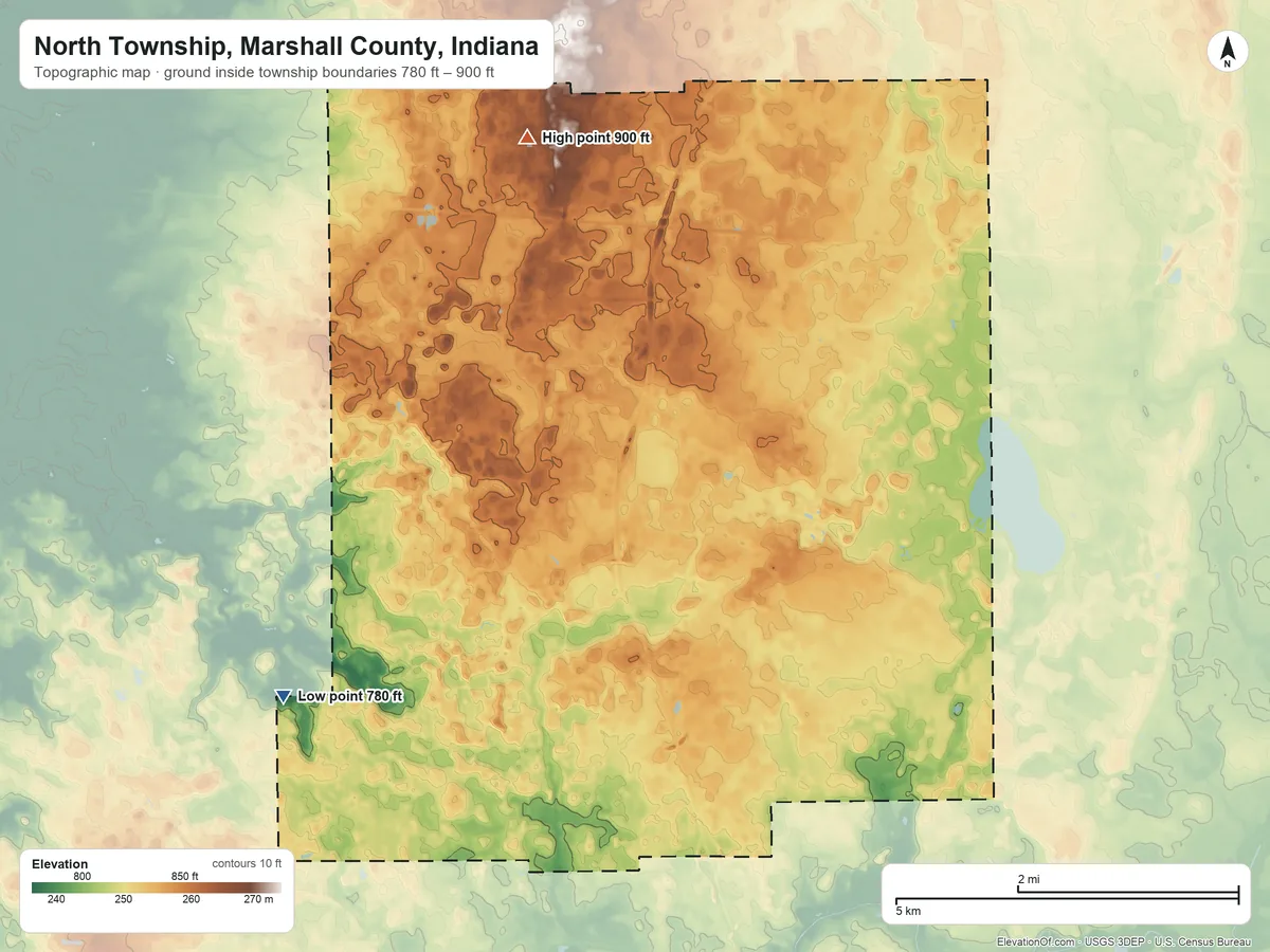 Topographic elevation map of North Township, Marshall County, Indiana, shaded from 780 ft on the southwest side to 900 ft on the north side