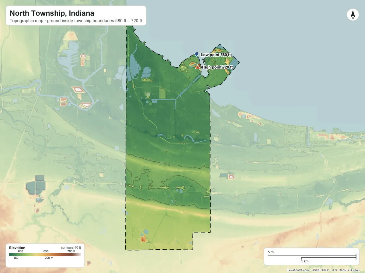 Topographic elevation map of North Township, Indiana, shaded from 580 ft on the north side to 720 ft on the north side