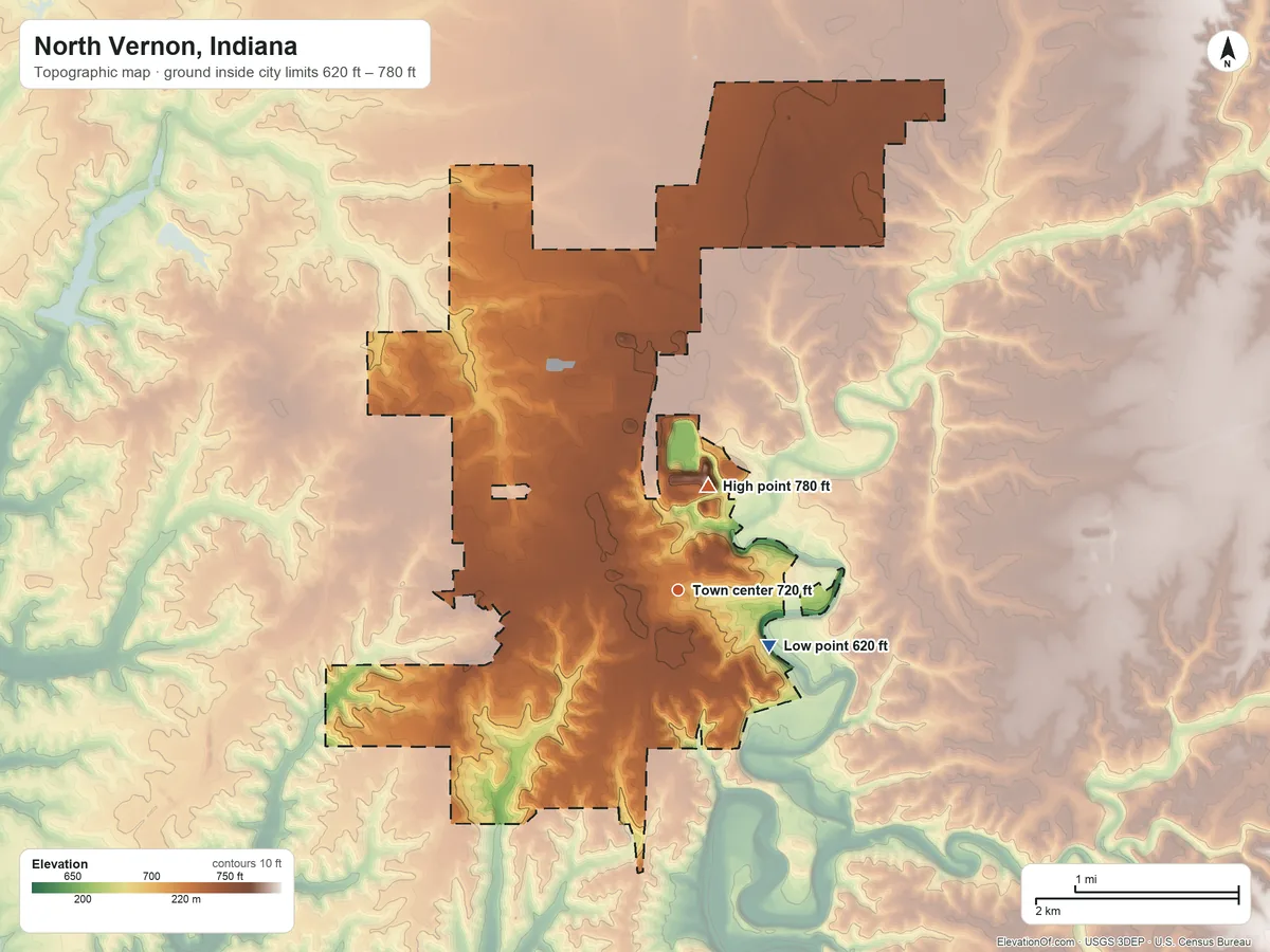 Topographic elevation map of North Vernon, Indiana, shaded from 620 ft on the southeast side to 780 ft on the north side