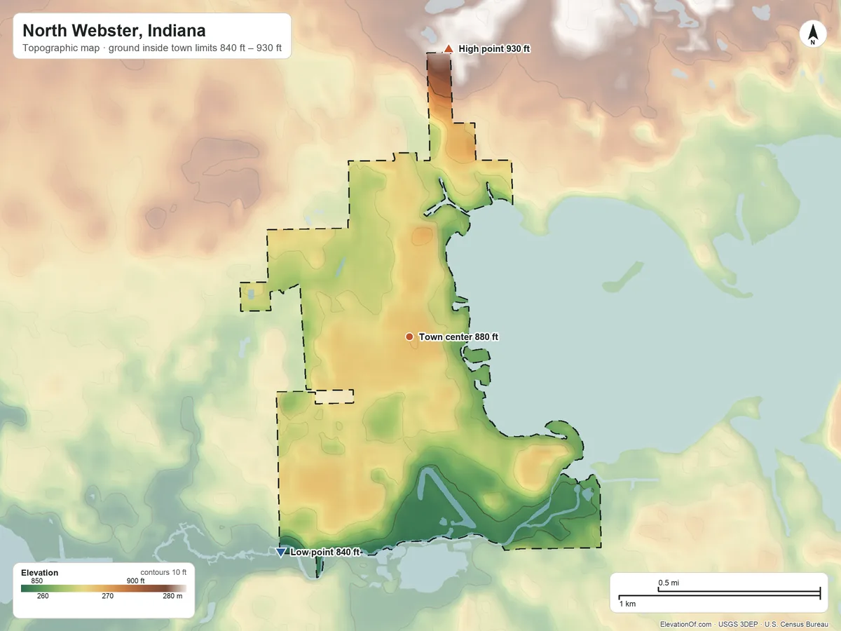 Topographic elevation map of North Webster, Indiana, shaded from 840 ft on the southwest side to 930 ft on the north side
