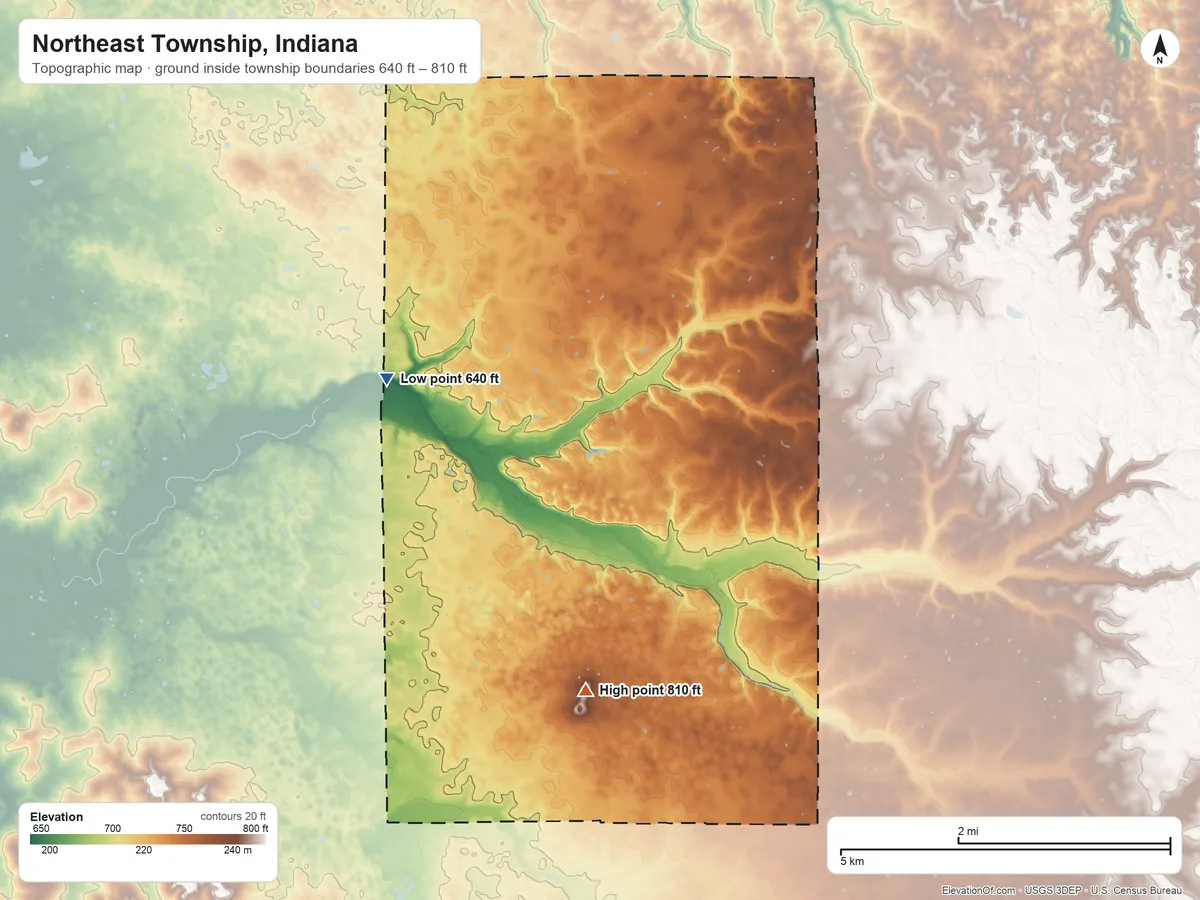 Topographic elevation map of Northeast Township, Indiana, shaded from 640 ft on the west side to 810 ft on the south side