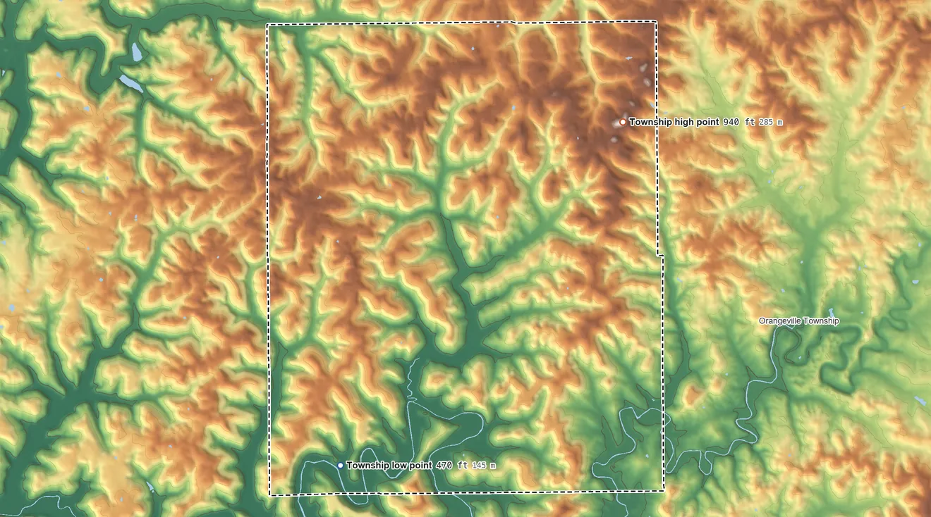 Topographic elevation map of Northwest Township, Indiana, shaded from 470 ft on the southwest side to 940 ft on the northeast side