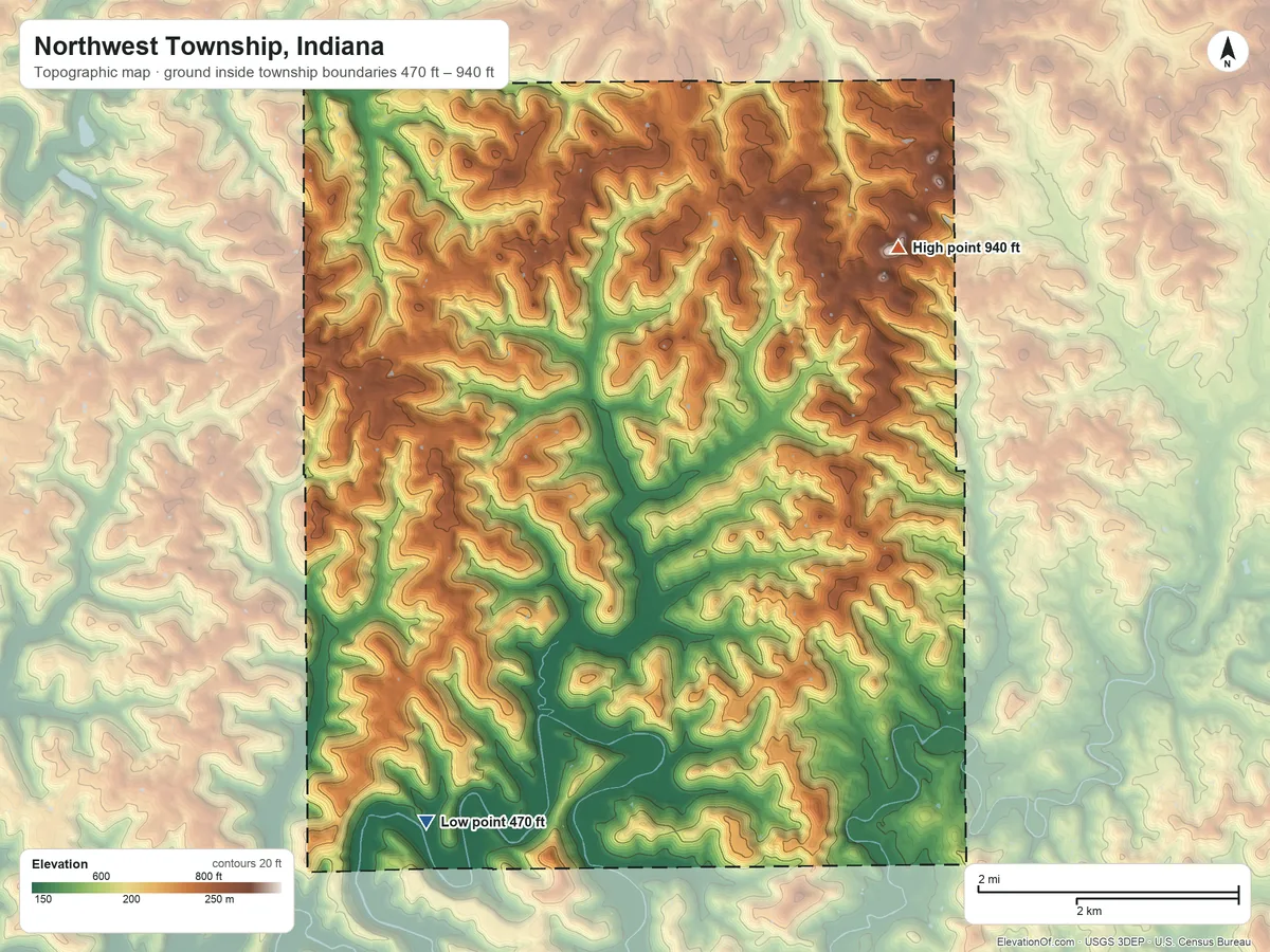 Topographic elevation map of Northwest Township, Indiana, shaded from 470 ft on the southwest side to 940 ft on the northeast side