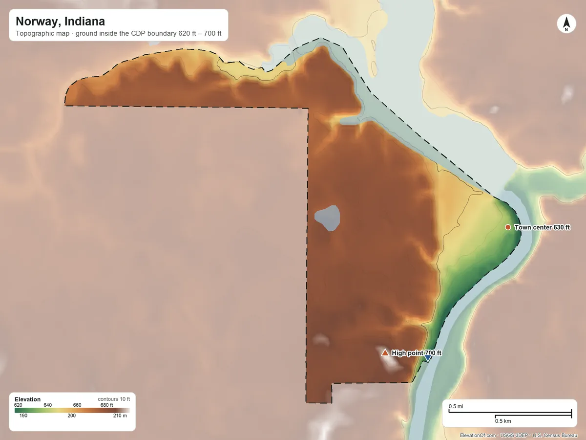 Topographic elevation map of Norway, Indiana, shaded from 620 ft on the southwest side to 700 ft on the southwest side