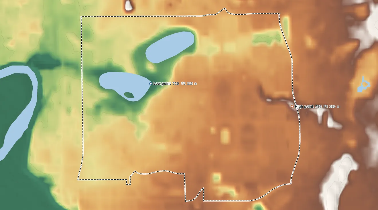 Topographic elevation map of Notre Dame, Indiana, shaded from 710 ft on the north side to 750 ft on the east side