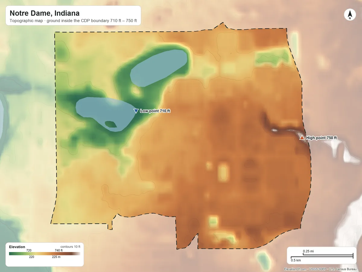 Topographic elevation map of Notre Dame, Indiana, shaded from 710 ft on the north side to 750 ft on the east side