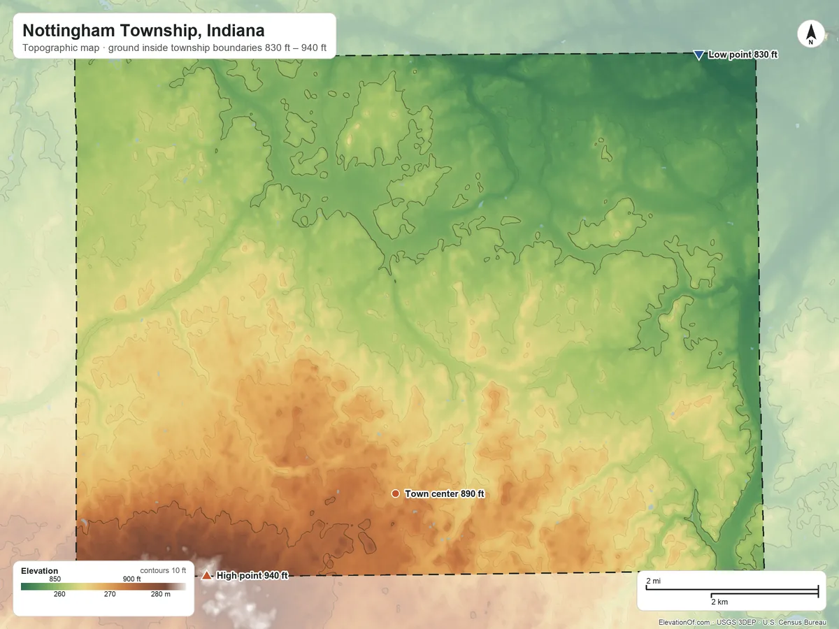 Topographic elevation map of Nottingham Township, Indiana, shaded from 830 ft on the northeast side to 940 ft on the southwest side