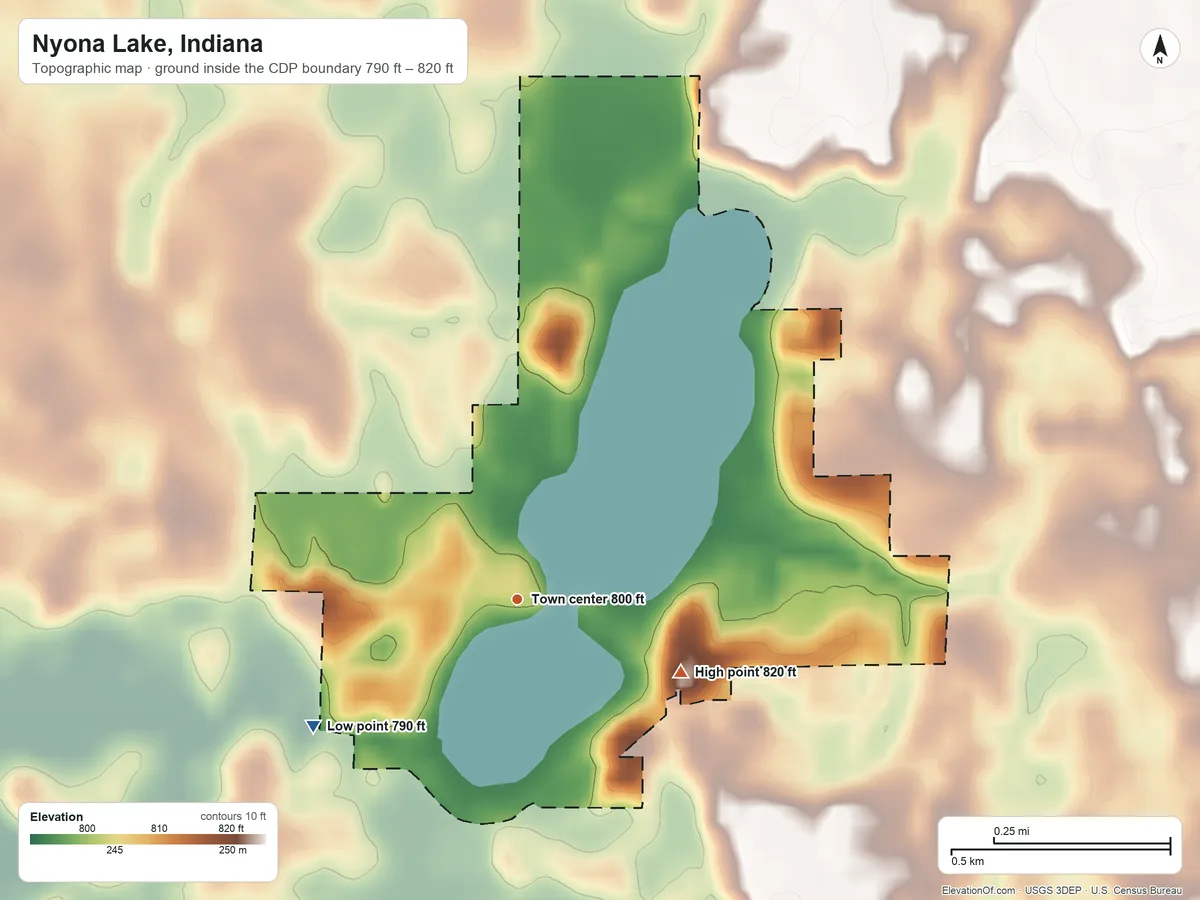 Topographic elevation map of Nyona Lake, Indiana, shaded from 790 ft on the southwest side to 820 ft on the southeast side