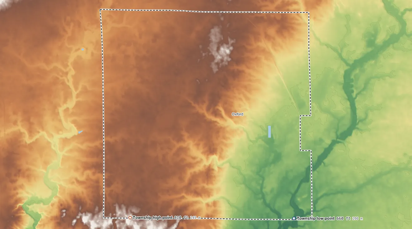 Topographic elevation map of Oak Grove Township, Indiana, shaded from 660 ft on the southeast side to 810 ft on the southwest side