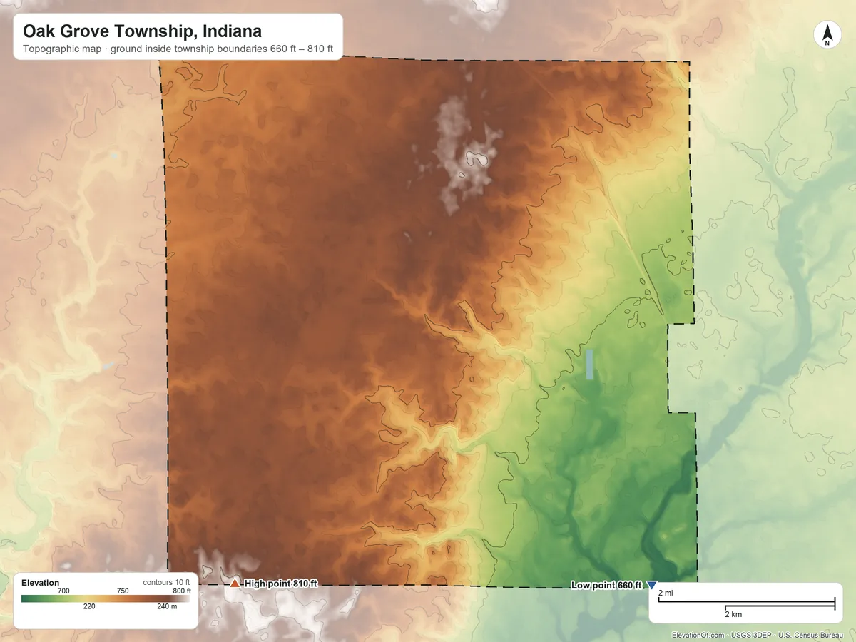 Topographic elevation map of Oak Grove Township, Indiana, shaded from 660 ft on the southeast side to 810 ft on the southwest side