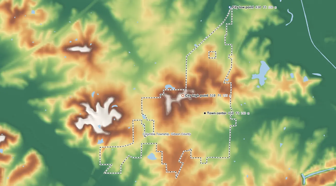 Topographic elevation map of Oakland City, Indiana, shaded from 430 ft on the north side to 510 ft on the northwest side