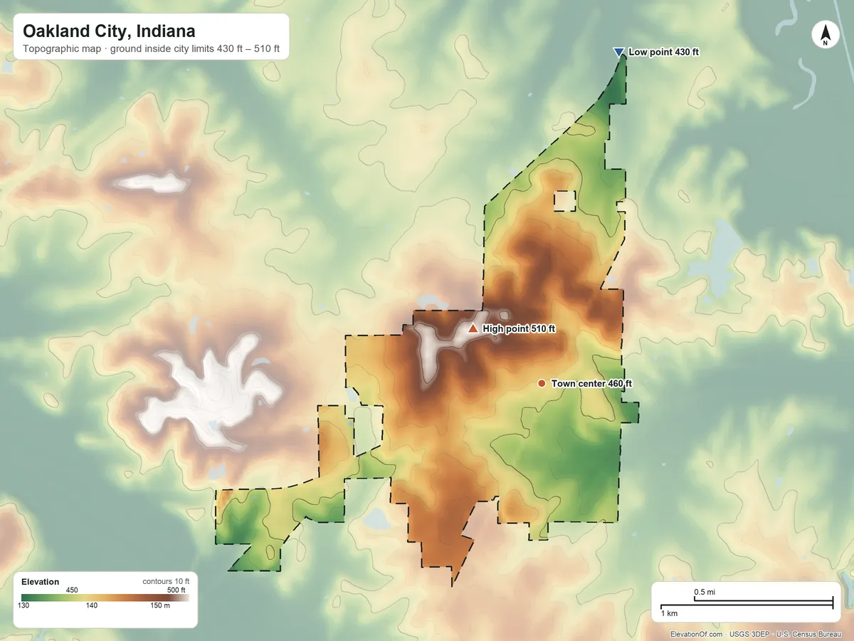 Topographic elevation map of Oakland City, Indiana, shaded from 430 ft on the north side to 510 ft on the northwest side