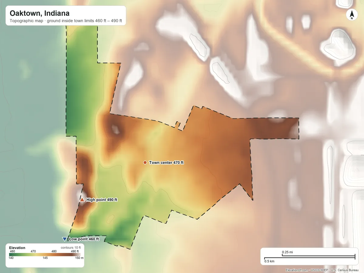 Topographic elevation map of Oaktown, Indiana, shaded from 460 ft on the southwest side to 490 ft on the southwest side