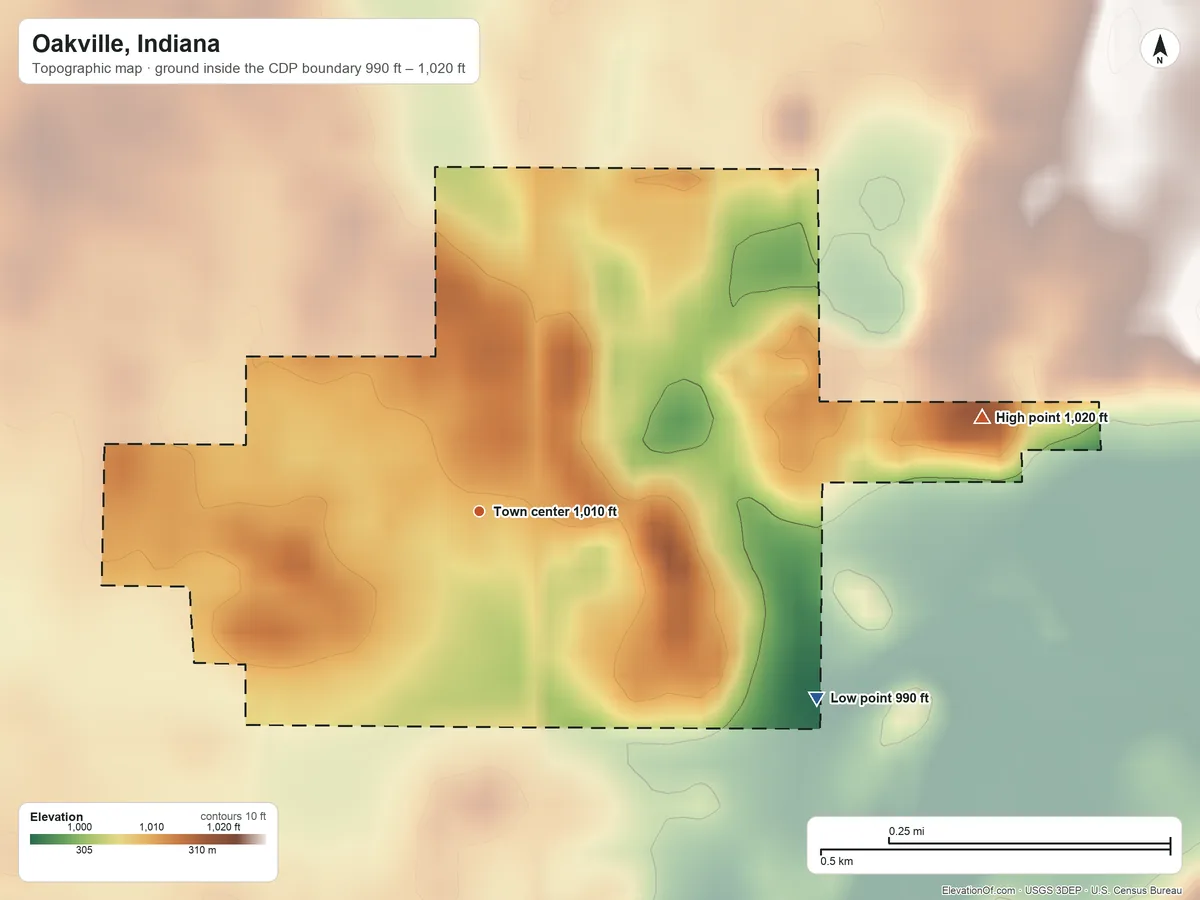 Topographic elevation map of Oakville, Indiana, shaded from 990 ft on the southeast side to 1,020 ft on the east side