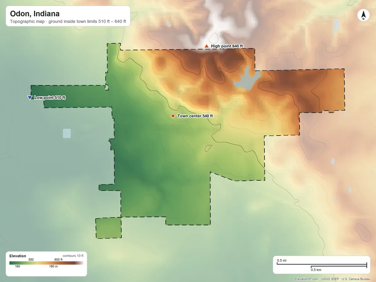 Topographic elevation map of Odon, Indiana, shaded from 510 ft on the west side to 640 ft on the northeast side