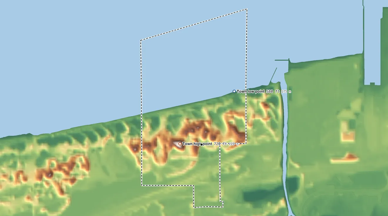Topographic elevation map of Ogden Dunes, Indiana, shaded from 580 ft on the northeast side to 720 ft near the middle