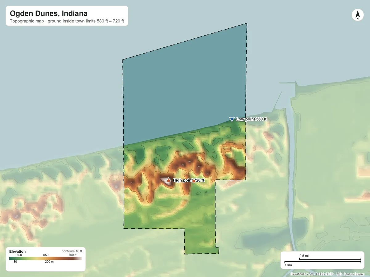 Topographic elevation map of Ogden Dunes, Indiana, shaded from 580 ft on the northeast side to 720 ft near the middle