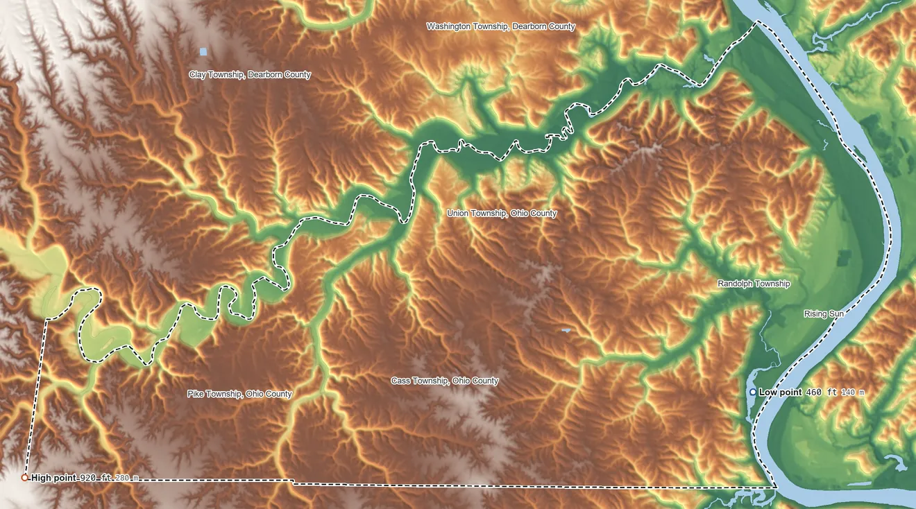 Topographic elevation map of Ohio County, Indiana, shaded from 460 ft on the southeast side to 920 ft on the southwest side