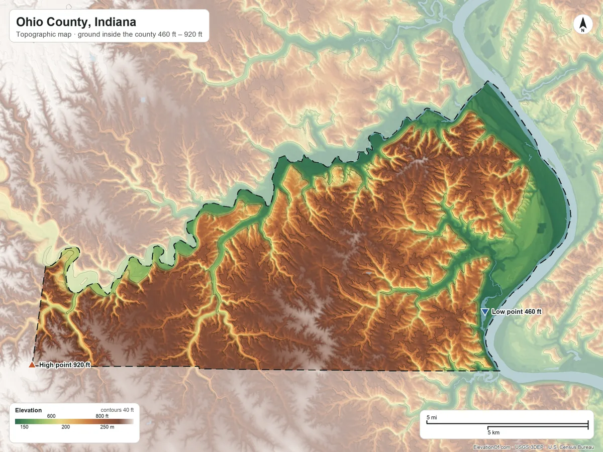 Topographic elevation map of Ohio County, Indiana, shaded from 460 ft on the southeast side to 920 ft on the southwest side