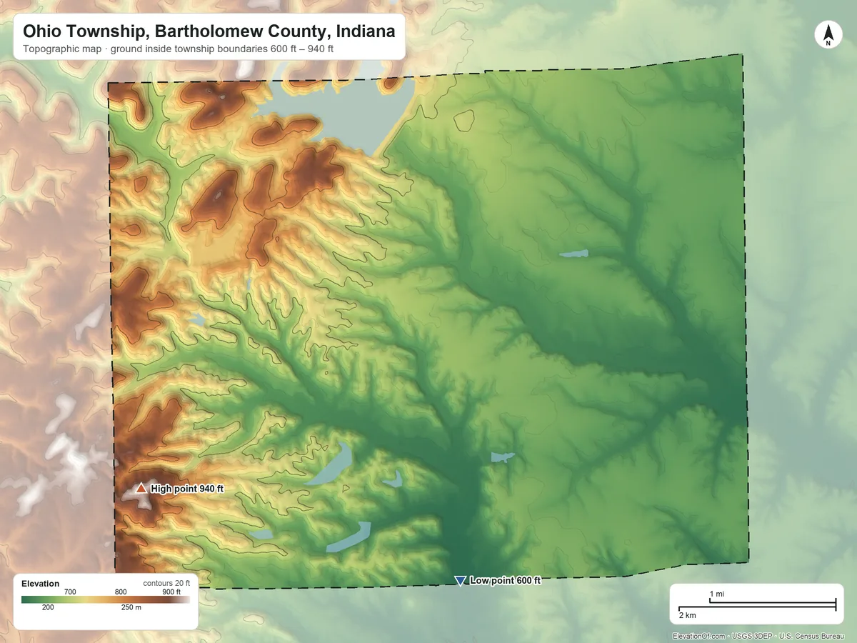 Topographic elevation map of Ohio Township, Bartholomew County, Indiana, shaded from 600 ft on the south side to 940 ft on Gilmore Hill