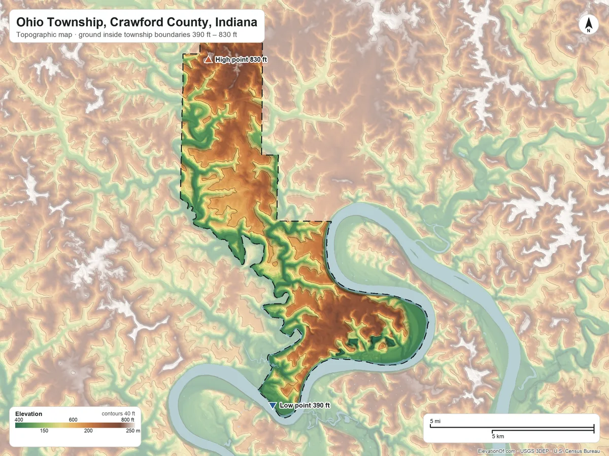 Topographic elevation map of Ohio Township, Crawford County, Indiana, shaded from 390 ft on the south side to 830 ft on the northwest side