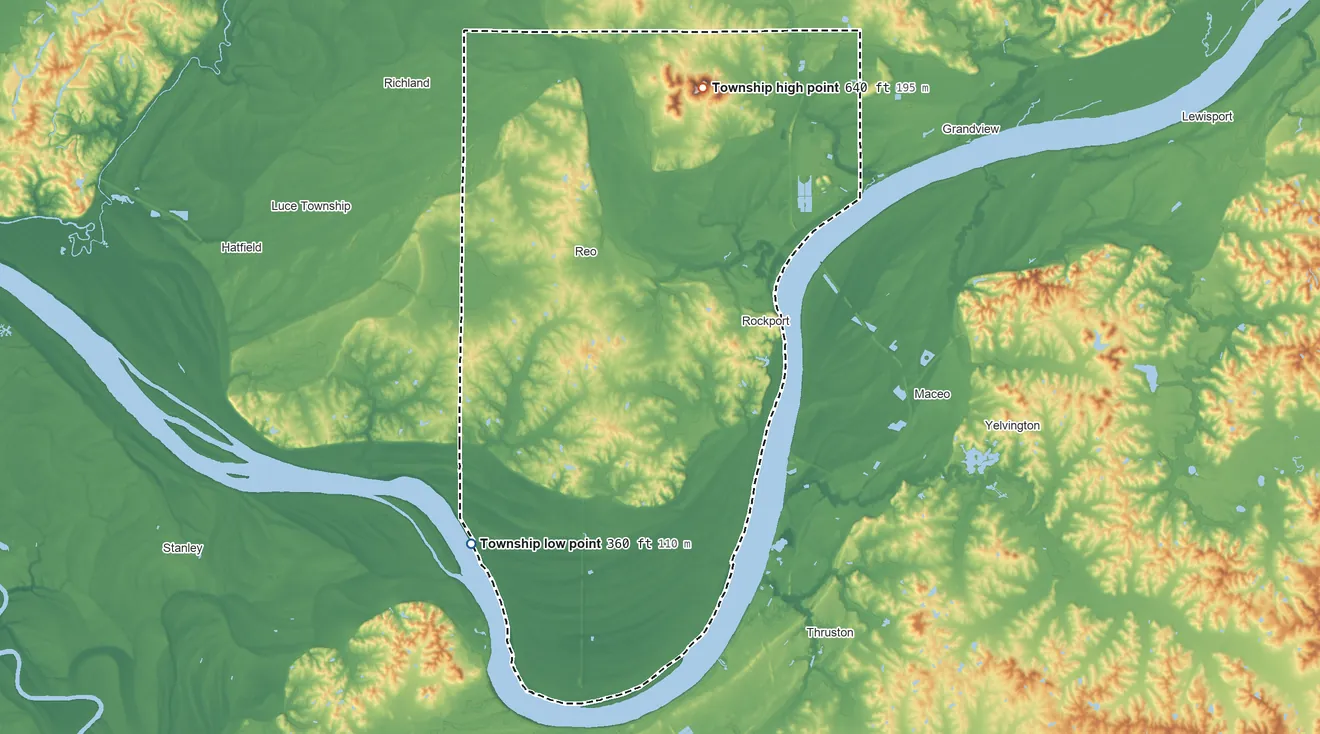 Topographic elevation map of Ohio Township, Spencer County, Indiana, shaded from 360 ft on the southwest side to 640 ft on Coal Knobs