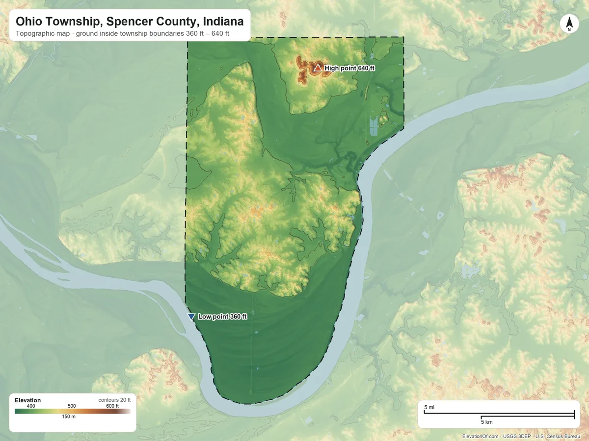 Topographic elevation map of Ohio Township, Spencer County, Indiana, shaded from 360 ft on the southwest side to 640 ft on Coal Knobs