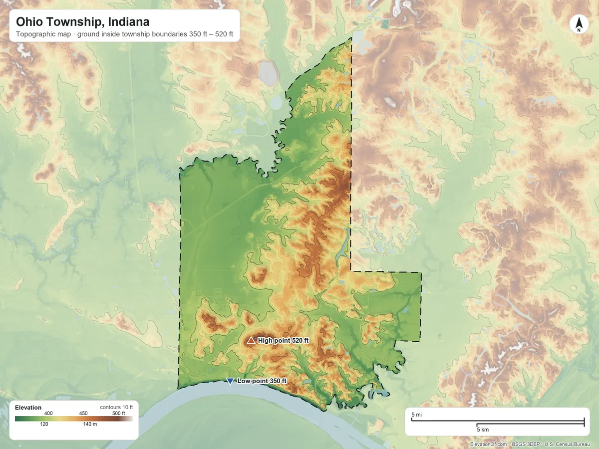 Topographic elevation map of Ohio Township, Indiana, shaded from 350 ft on the southwest side to 520 ft on the southwest side