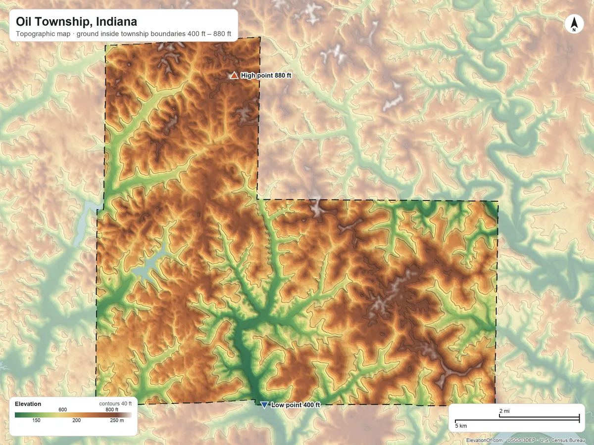 Topographic elevation map of Oil Township, Indiana, shaded from 400 ft on the south side to 880 ft on the north side