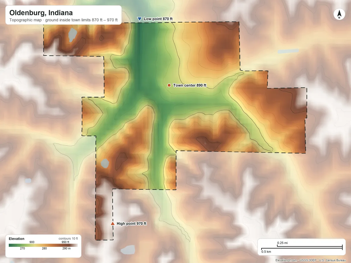 Topographic elevation map of Oldenburg, Indiana, shaded from 870 ft on the northwest side to 970 ft on the south side